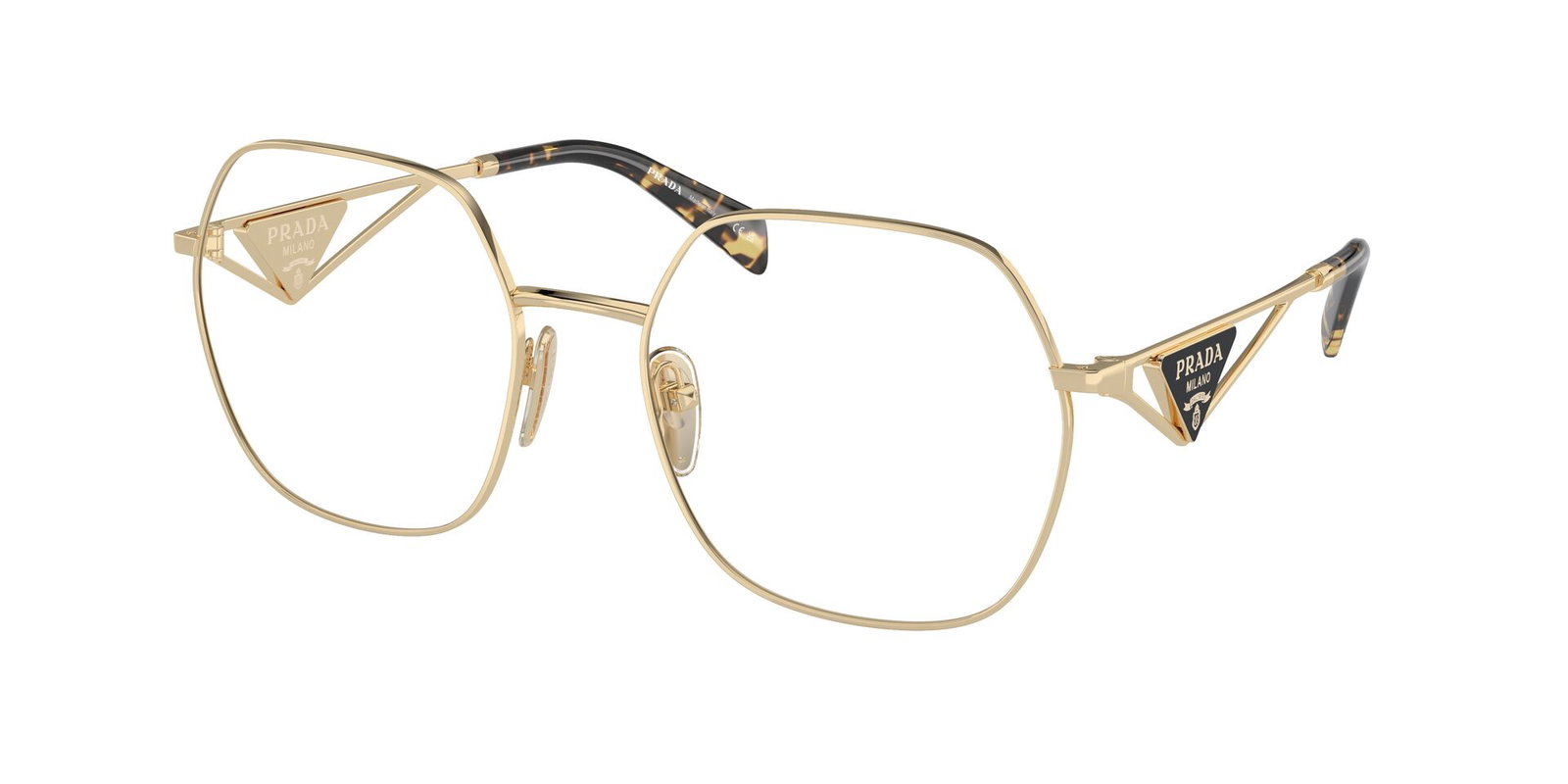 Das Bild zeigt die Prada Brille 59ZV in Hellgold leicht schräg von der Seite.